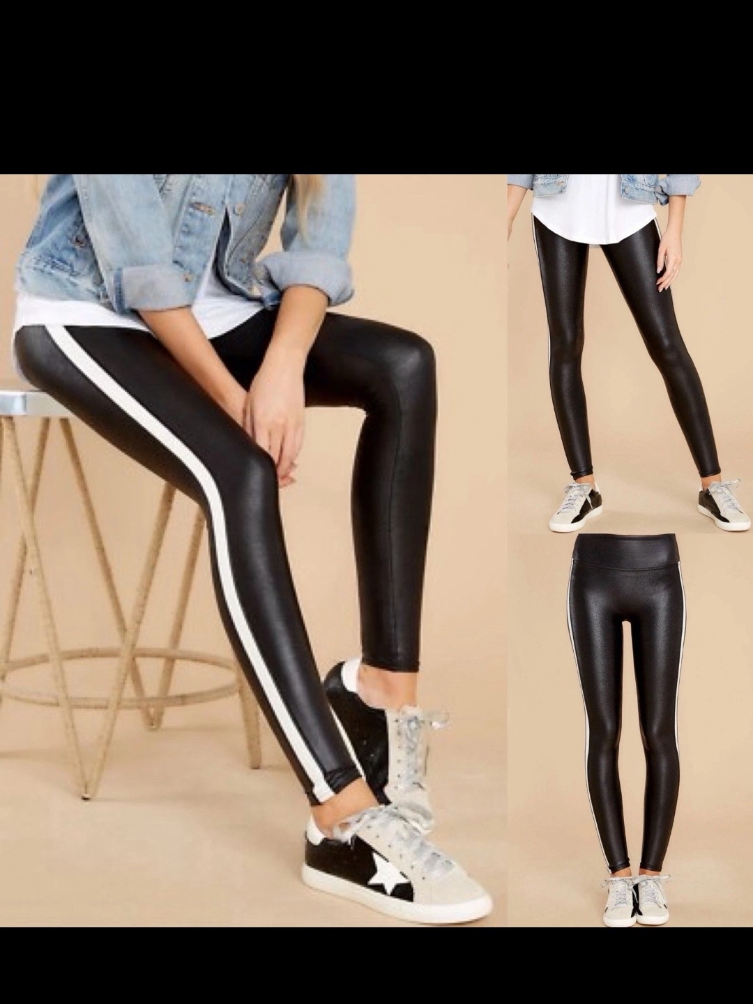 Spanx Black Faux Leather Leggings With White Side Stripe Size M (12/14)